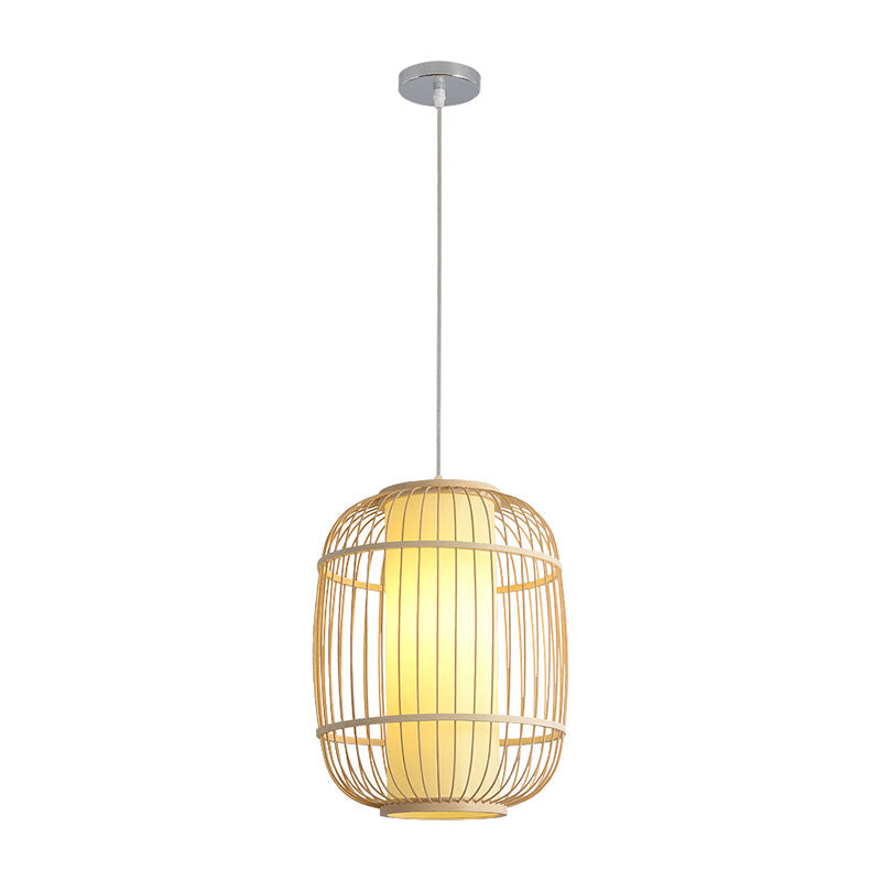 Chinese 1 Head Pendulum Light Beige Elliptical Lantern Pendant with Bamboo Shade Clearhalo 'Ceiling Lights' 'Pendant Lights' 'Pendants' Lighting' 2389497