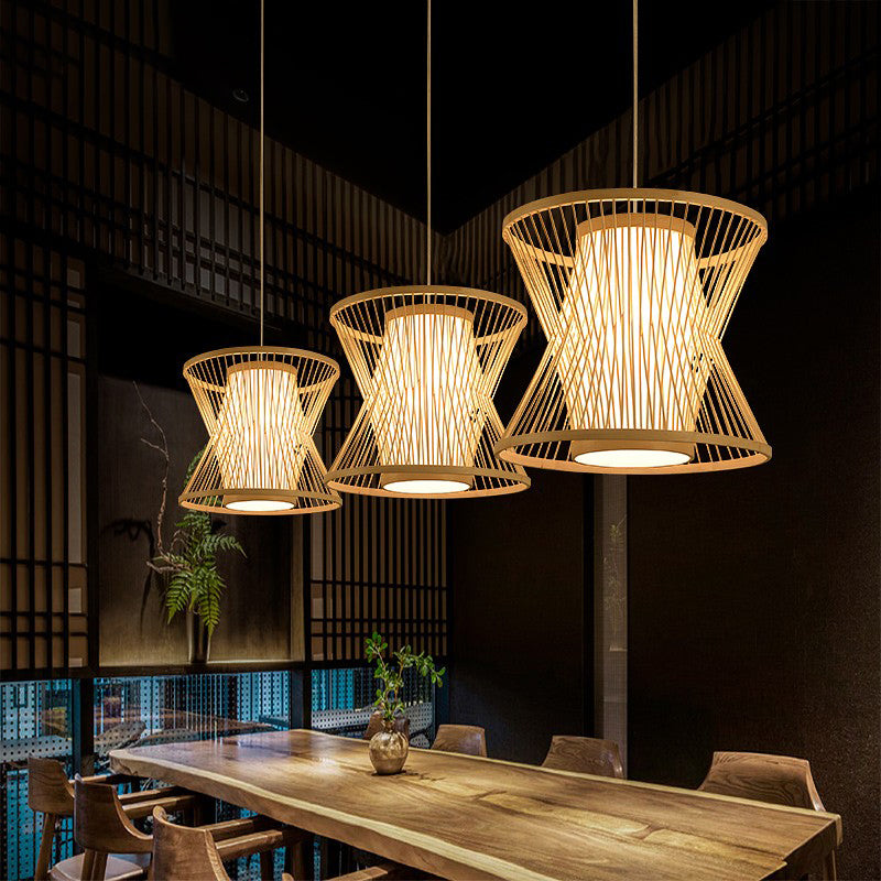 Symmetric Cage Pendant Lighting Nordic Bamboo 1 Bulb Beige Pendulum Light for Restaurant Clearhalo 'Ceiling Lights' 'Pendant Lights' 'Pendants' Lighting' 2389511