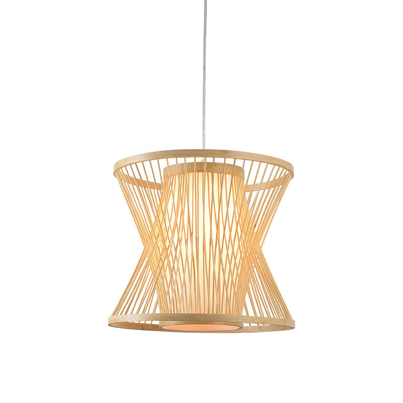 Symmetric Cage Pendant Lighting Nordic Bamboo 1 Bulb Beige Pendulum Light for Restaurant Clearhalo 'Ceiling Lights' 'Pendant Lights' 'Pendants' Lighting' 2389512