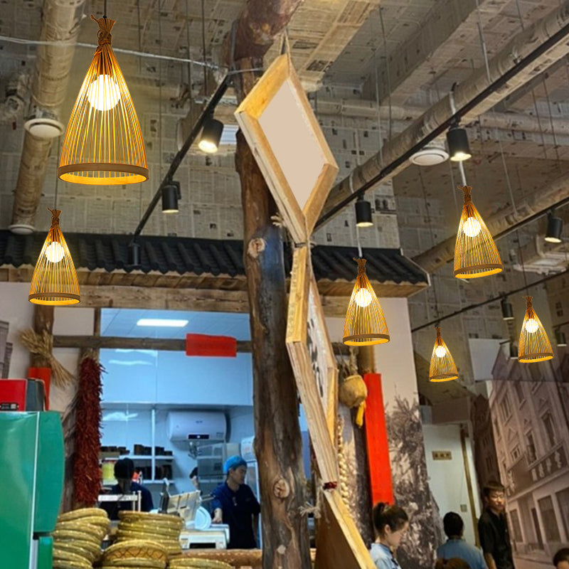 Conical Restaurant Drop Pendant Bamboo 1 Head Minimalist Hanging Ceiling Light with Cage Design Clearhalo 'Ceiling Lights' 'Pendant Lights' 'Pendants' Lighting' 2389522