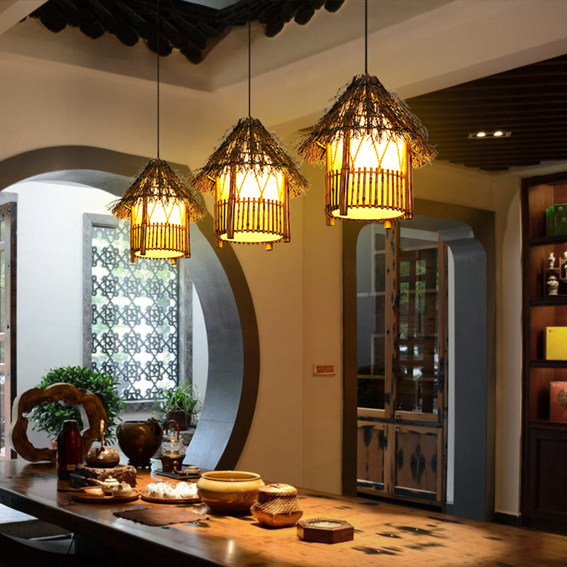 Asian House Shaped Pendant Lamp Bamboo Single-Bulb Restaurant Hanging Light Fixture Clearhalo 'Ceiling Lights' 'Pendant Lights' 'Pendants' Lighting' 2389541