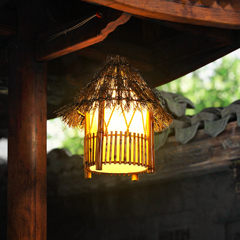 Asian House Shaped Pendant Lamp Bamboo Single-Bulb Restaurant Hanging Light Fixture Clearhalo 'Ceiling Lights' 'Pendant Lights' 'Pendants' Lighting' 2389543