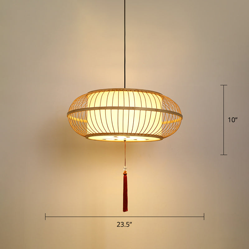 Drum Pendant Ceiling Lamp Asian Bamboo 1-Light Beige Suspension Light with Tassel Knot Beige 23.5