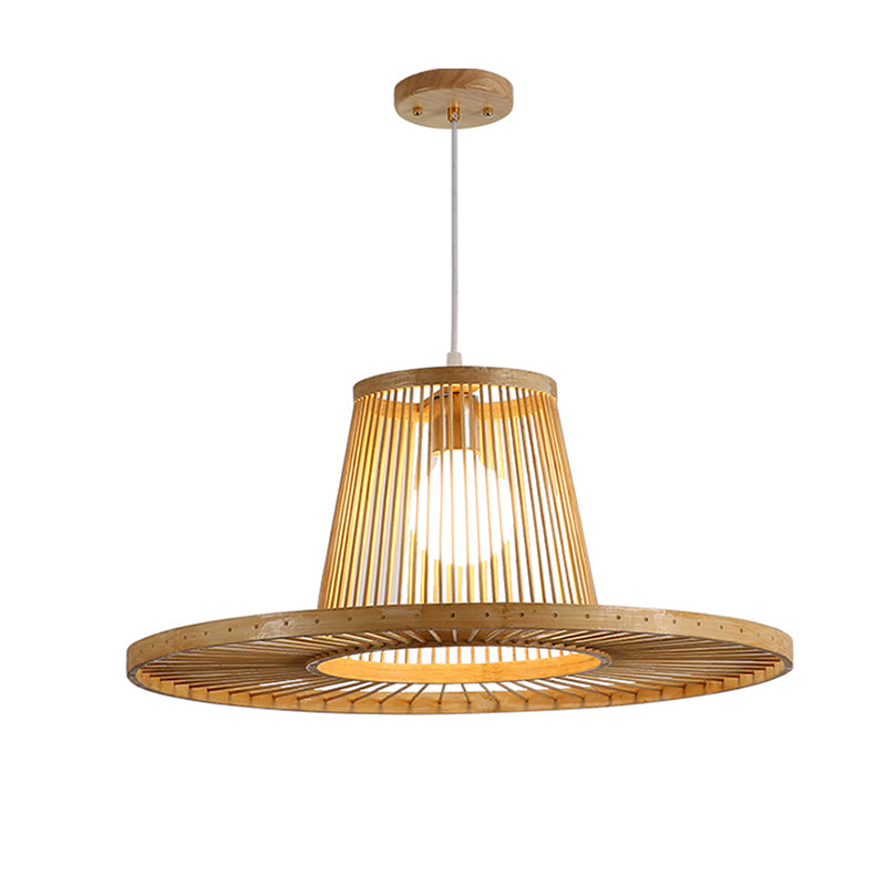 Modern Hat Shaped Pendant Light Bamboo 1 Head Dining Room Pendulum Light in Beige Clearhalo 'Ceiling Lights' 'Pendant Lights' 'Pendants' Lighting' 2389554