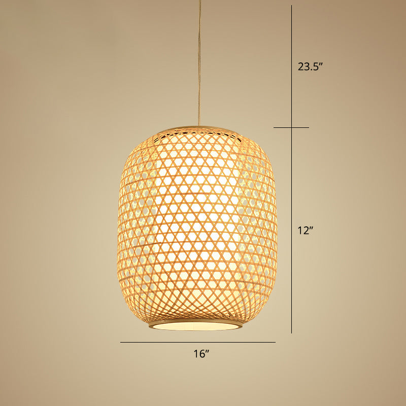 Oval Bamboo Suspension Light Asian 1-Bulb Beige Ceiling Hanging Lantern for Restaurant Clearhalo 'Ceiling Lights' 'Pendant Lights' 'Pendants' Lighting' options 2389578