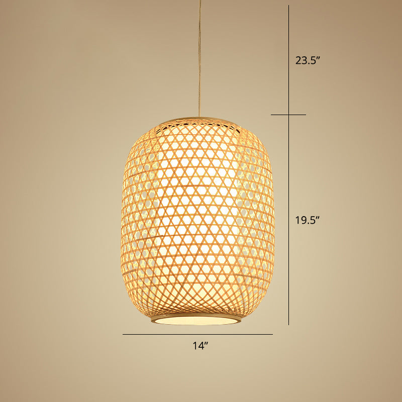 Oval Bamboo Suspension Light Asian 1-Bulb Beige Ceiling Hanging Lantern for Restaurant Clearhalo 'Ceiling Lights' 'Pendant Lights' 'Pendants' Lighting' options 2389580