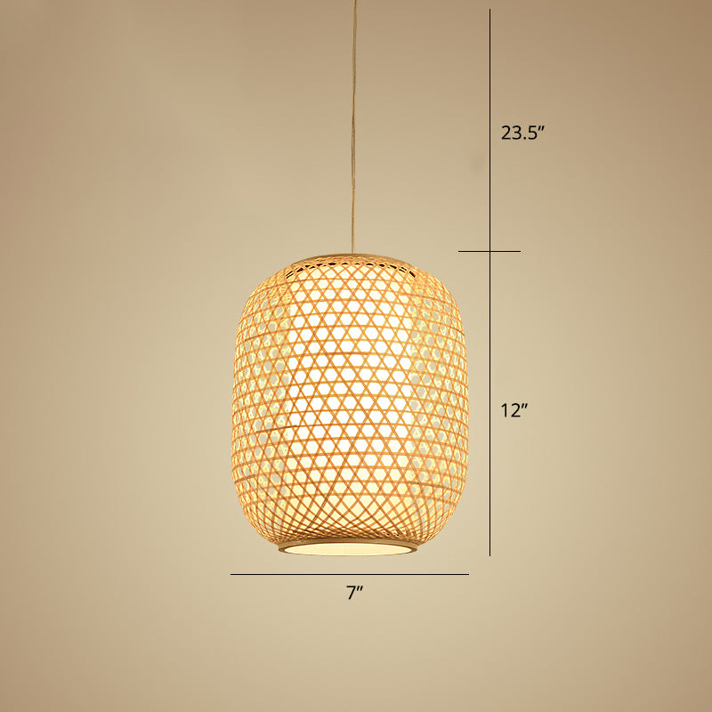 Oval Bamboo Suspension Light Asian 1-Bulb Beige Ceiling Hanging Lantern for Restaurant Clearhalo 'Ceiling Lights' 'Pendant Lights' 'Pendants' Lighting' options 2389582