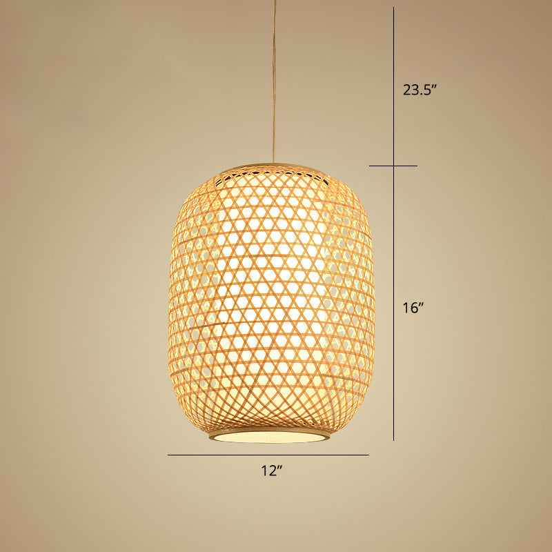 Oval Bamboo Suspension Light Asian 1-Bulb Beige Ceiling Hanging Lantern for Restaurant Clearhalo 'Ceiling Lights' 'Pendant Lights' 'Pendants' Lighting' options 2389585