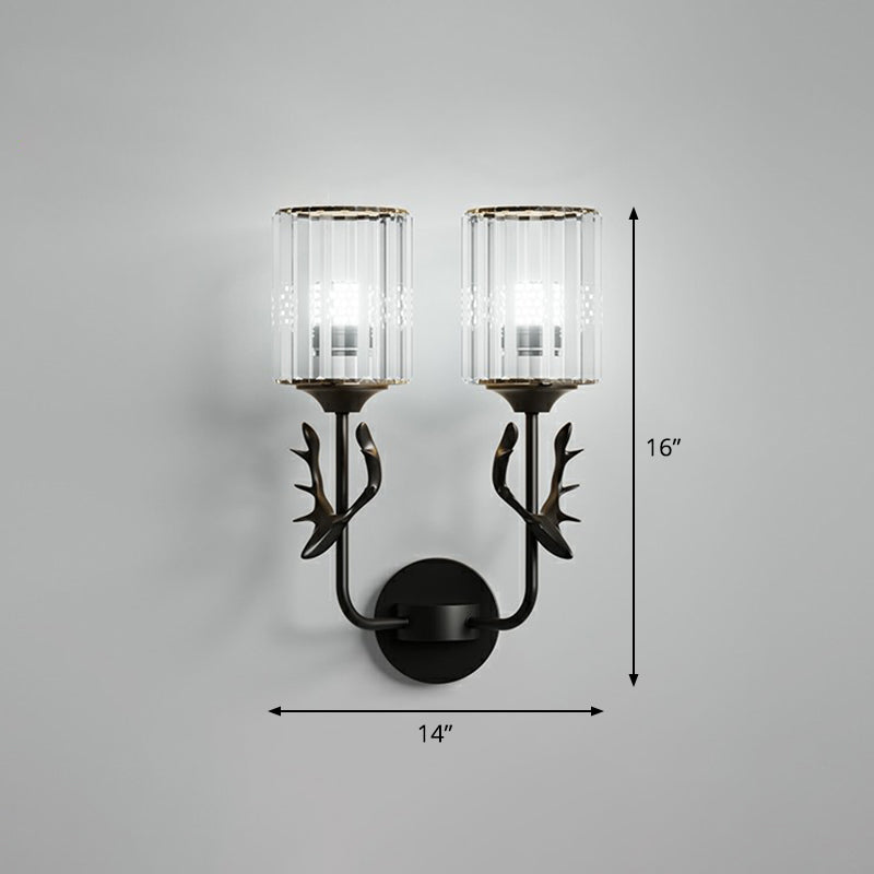 Cylinder Wall Mount Light Nordic Crystal Prism Wall Sconce with Antler Decoration 2.0 Black Clearhalo 'Cast Iron' 'Glass' 'Industrial' 'Modern wall lights' 'Modern' 'Tiffany' 'Traditional wall lights' 'Wall Lamps & Sconces' 'Wall Lights' Lighting' 2389653