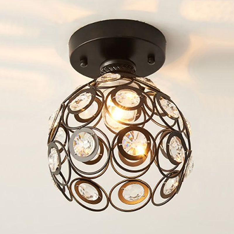 Black Ball Semi Flush Light Retro Single-Bulb Crystal Ceiling Light for Corridor Clearhalo 'Ceiling Lights' 'Close To Ceiling Lights' 'Close to ceiling' 'Semi-flushmount' 'Tiffany close to ceiling' 'Tiffany' Lighting' 2389676