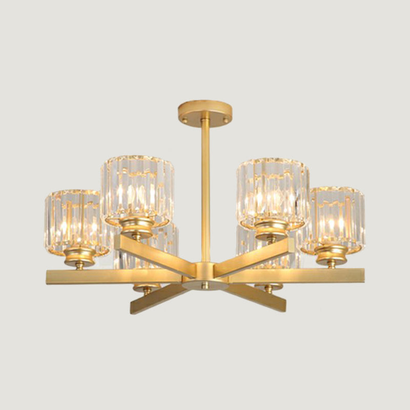 Cylindrical Crystal Ceiling Hang Lamp Minimalistic Chandelier Lighting for Living Room 6 Gold Clearhalo 'Ceiling Lights' 'Chandeliers' 'Modern Chandeliers' 'Modern' Lighting' 2389732