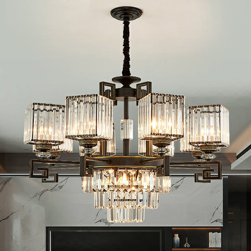 Vintage Square Chandelier Light Prismatic Crystal Ceiling Suspension Lamp in Black 12 Black Clearhalo 'Ceiling Lights' 'Chandeliers' 'Modern Chandeliers' 'Modern' Lighting' 2389738