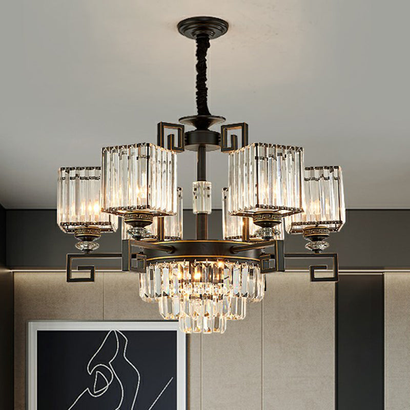 Vintage Square Chandelier Light Prismatic Crystal Ceiling Suspension Lamp in Black 9 Black Clearhalo 'Ceiling Lights' 'Chandeliers' 'Modern Chandeliers' 'Modern' Lighting' 2389740