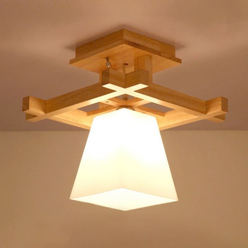 Wood Trapezoidal Ceiling Light Nordic Single-Bulb White Glass Semi Flush Mount for Foyer Clearhalo 'Ceiling Lights' 'Close To Ceiling Lights' 'Close to ceiling' 'Semi-flushmount' Lighting' 2389820