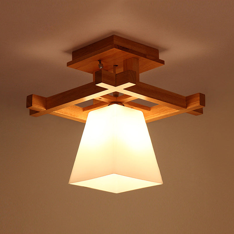 Wood Trapezoidal Ceiling Light Nordic Single-Bulb White Glass Semi Flush Mount for Foyer Clearhalo 'Ceiling Lights' 'Close To Ceiling Lights' 'Close to ceiling' 'Semi-flushmount' Lighting' 2389821