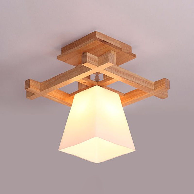 Wood Trapezoidal Ceiling Light Nordic Single-Bulb White Glass Semi Flush Mount for Foyer Clearhalo 'Ceiling Lights' 'Close To Ceiling Lights' 'Close to ceiling' 'Semi-flushmount' Lighting' 2389822