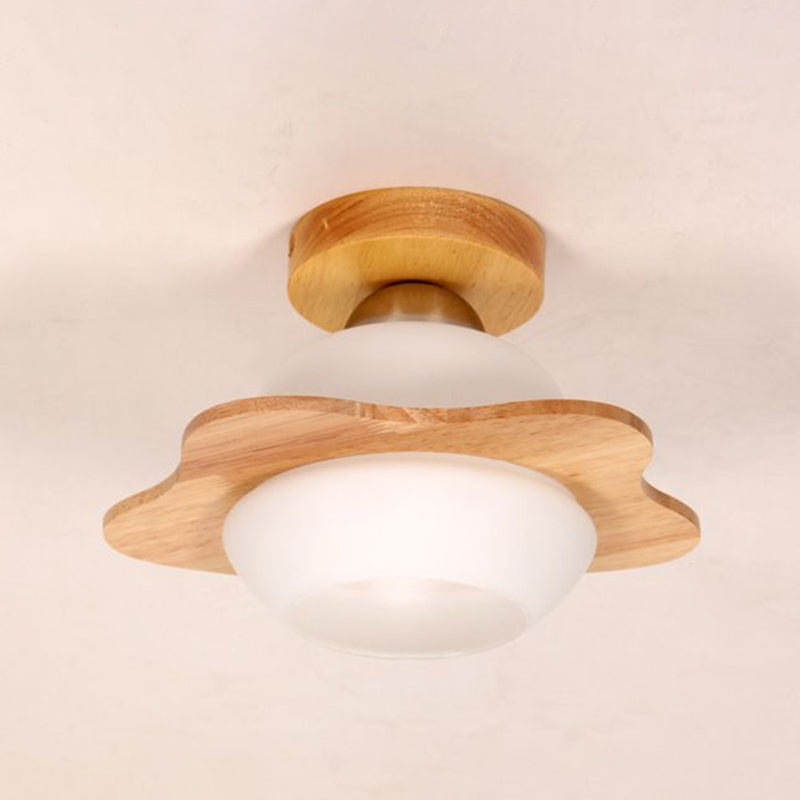 Flower Corridor Semi Flush Mount Lighting Cream Glass 1-Light Nordic Ceiling Fixture in Wood Clearhalo 'Ceiling Lights' 'Close To Ceiling Lights' 'Close to ceiling' 'Semi-flushmount' Lighting' 2389845