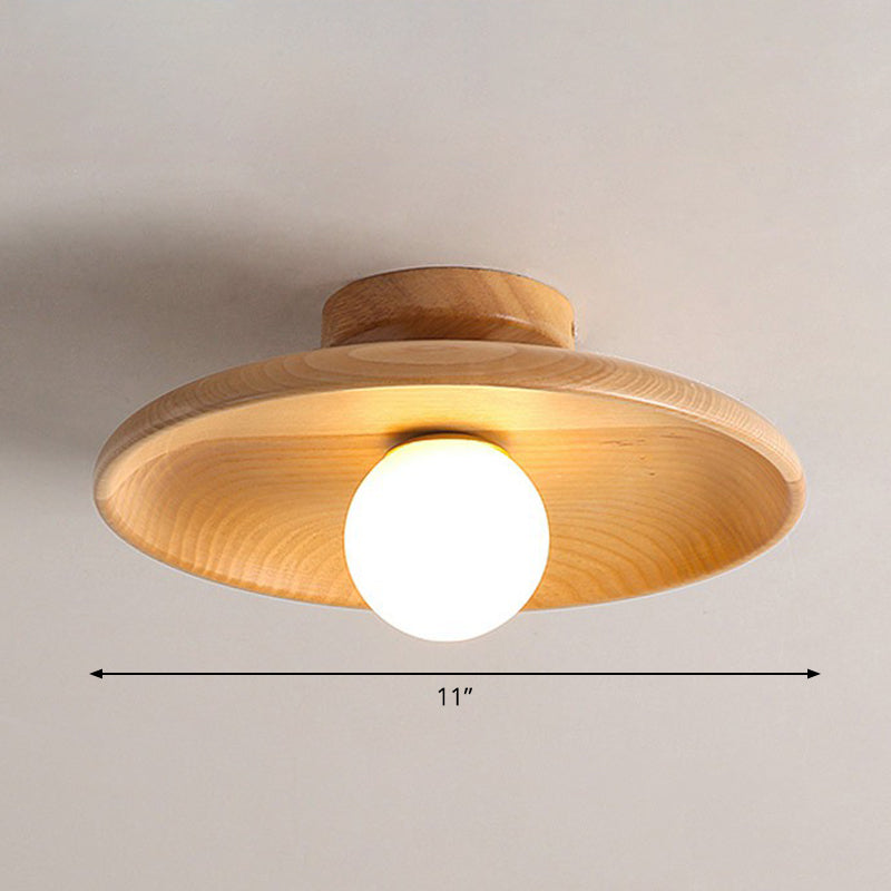 Shallow Bowl Shaped Ceiling Lamp Minimalist Wooden 1 Head Aisle Semi Flush Mount Light Wood Clearhalo 'Ceiling Lights' 'Close To Ceiling Lights' 'Close to ceiling' 'Semi-flushmount' Lighting' 2389849