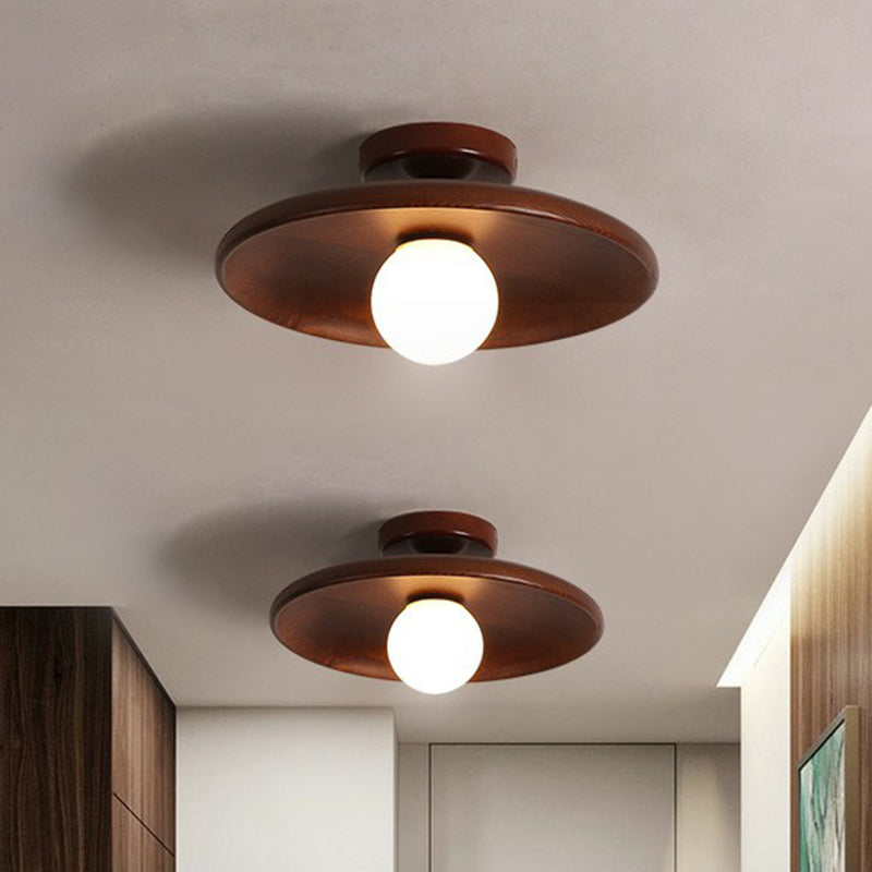 Shallow Bowl Shaped Ceiling Lamp Minimalist Wooden 1 Head Aisle Semi Flush Mount Light Clearhalo 'Ceiling Lights' 'Close To Ceiling Lights' 'Close to ceiling' 'Semi-flushmount' Lighting' 2389850