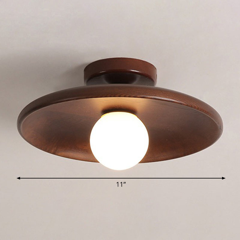 Shallow Bowl Shaped Ceiling Lamp Minimalist Wooden 1 Head Aisle Semi Flush Mount Light Brown Clearhalo 'Ceiling Lights' 'Close To Ceiling Lights' 'Close to ceiling' 'Semi-flushmount' Lighting' 2389852