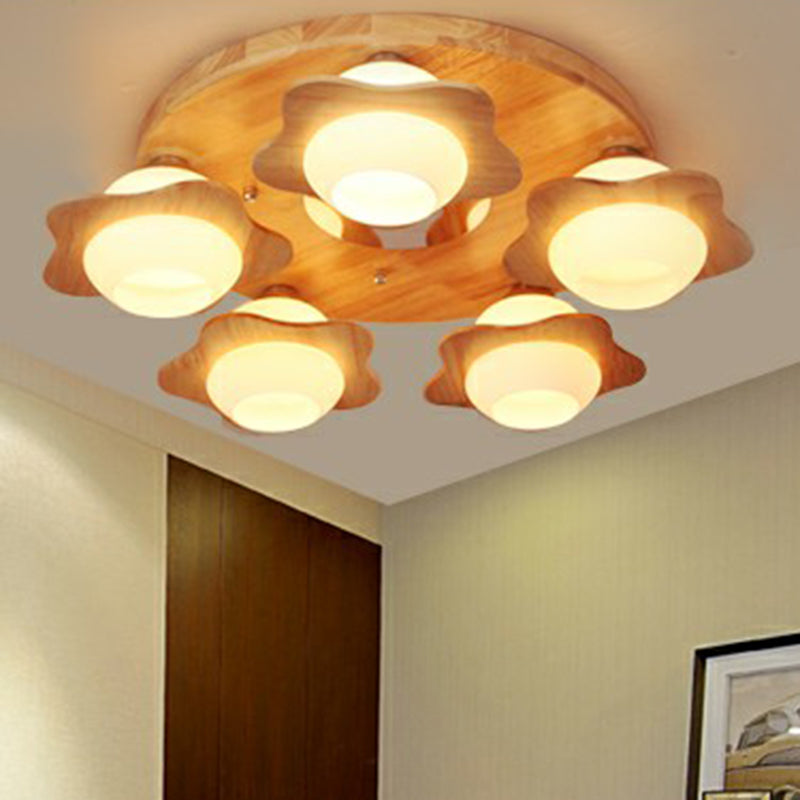 5 Lights Bedroom Flush Ceiling Light Modern Wood Flushmount with Flower Ivory Glass Shade Clearhalo 'Ceiling Lights' 'Close To Ceiling Lights' 'Close to ceiling' Lighting' 2389861