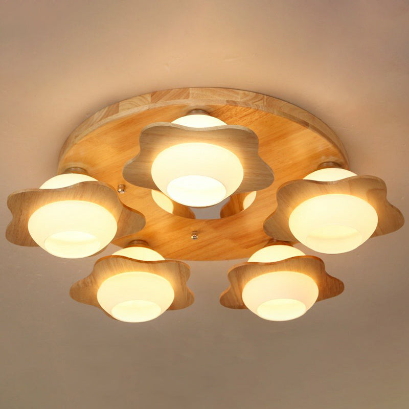 5 Lights Bedroom Flush Ceiling Light Modern Wood Flushmount with Flower Ivory Glass Shade Clearhalo 'Ceiling Lights' 'Close To Ceiling Lights' 'Close to ceiling' Lighting' 2389863