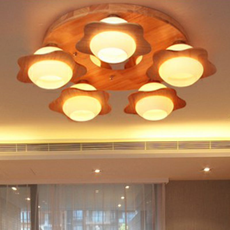 5 Lights Bedroom Flush Ceiling Light Modern Wood Flushmount with Flower Ivory Glass Shade Clearhalo 'Ceiling Lights' 'Close To Ceiling Lights' 'Close to ceiling' Lighting' 2389864