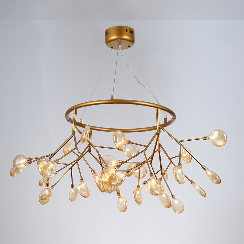 Postmodern Twig Hanging Light Fixture Glass Bedroom Ceiling Chandelier with Metal Ring 36 Gold Clearhalo 'Ceiling Lights' 'Chandeliers' 'Clear' 'Industrial' 'Modern Chandeliers' 'Modern' 'Tiffany' 'Traditional Chandeliers' Lighting' 2389992