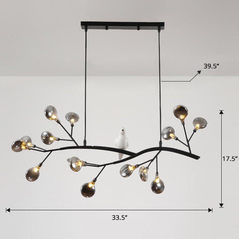 Tree Branch Island Light Postmodern Metal 15-Head Restaurant Hanging Lamp with Bird Decoration Black Smoke Grey Clearhalo 'Ceiling Lights' 'Island Lights' Lighting' 2390010