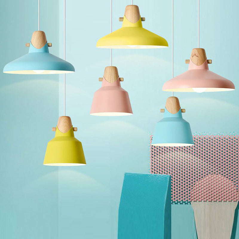 Tapered Restaurant Ceiling Hang Light Metal 1 Bulb Macaron Pendant Light with Wooden Decor Yellow 13