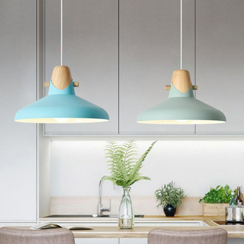 Tapered Restaurant Ceiling Hang Light Metal 1 Bulb Macaron Pendant Light with Wooden Decor Blue 13