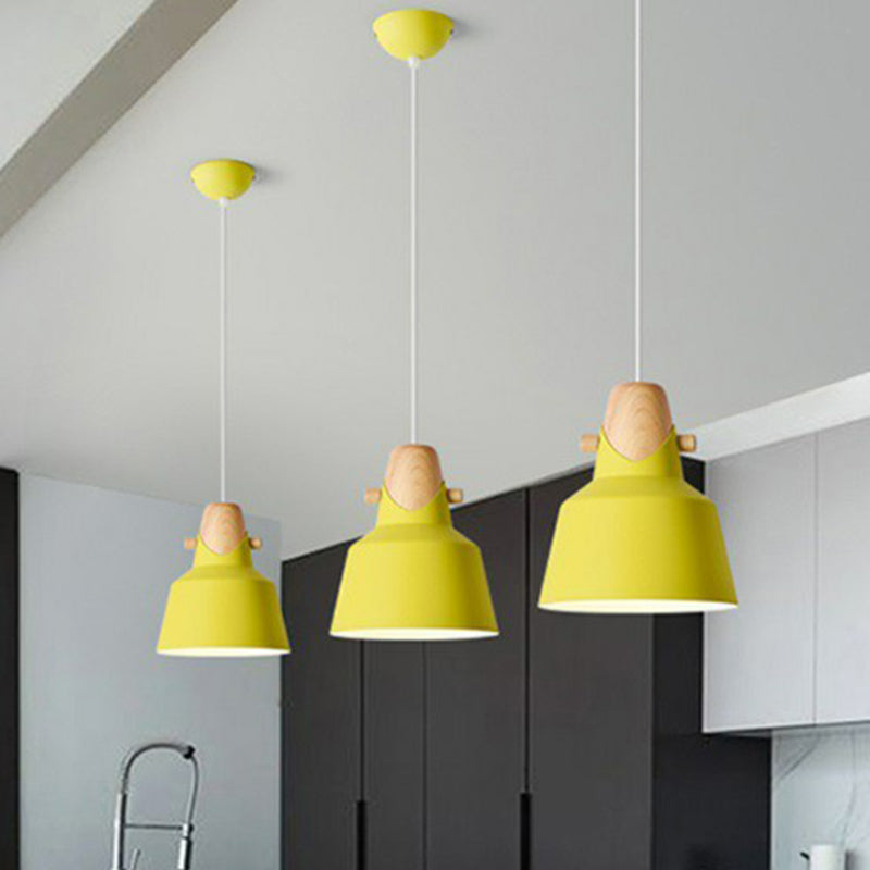 Tapered Restaurant Ceiling Hang Light Metal 1 Bulb Macaron Pendant Light with Wooden Decor Yellow 6