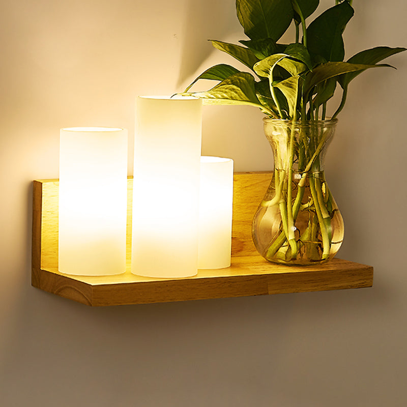 Geometric Stairs Wall Lighting Cream Glass Single Minimalist Flush Wall Sconce in Wood Wood Cylinder Clearhalo 'Modern wall lights' 'Modern' 'Wall Lamps & Sconces' 'Wall Lights' Lighting' 2390284