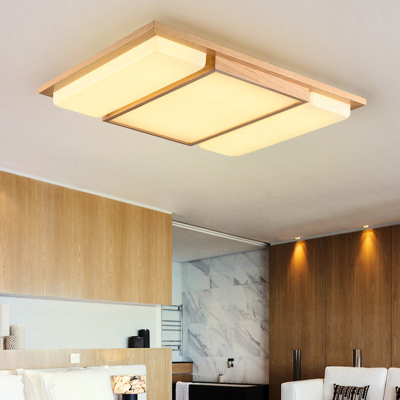 Rectangle Living Room Ceiling Lamp Ash Wood Minimalist LED Flush Mount Lighting 3 Wood Clearhalo 'Ceiling Lights' 'Close To Ceiling Lights' 'Close to ceiling' 'Flush mount' Lighting' 2390314