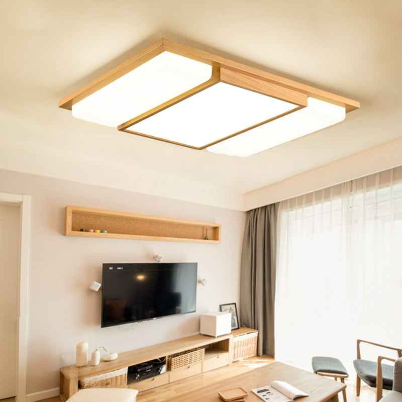 Rectangle Living Room Ceiling Lamp Ash Wood Minimalist LED Flush Mount Lighting 3 Wood White Clearhalo 'Ceiling Lights' 'Close To Ceiling Lights' 'Close to ceiling' 'Flush mount' Lighting' 2390316