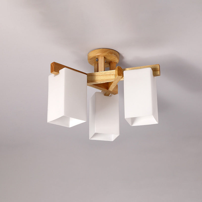 Rectangle White Glass Semi Flush Chandelier Modern Wood Close to Ceiling Light for Living Room 3 Wood Clearhalo 'Ceiling Lights' 'Close To Ceiling Lights' 'Close to ceiling' 'Semi-flushmount' Lighting' 2390335