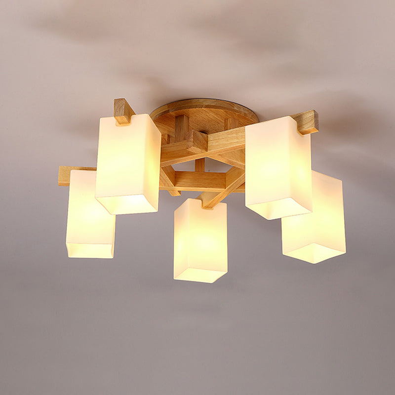 Rectangle White Glass Semi Flush Chandelier Modern Wood Close to Ceiling Light for Living Room 5 Wood Clearhalo 'Ceiling Lights' 'Close To Ceiling Lights' 'Close to ceiling' 'Semi-flushmount' Lighting' 2390336