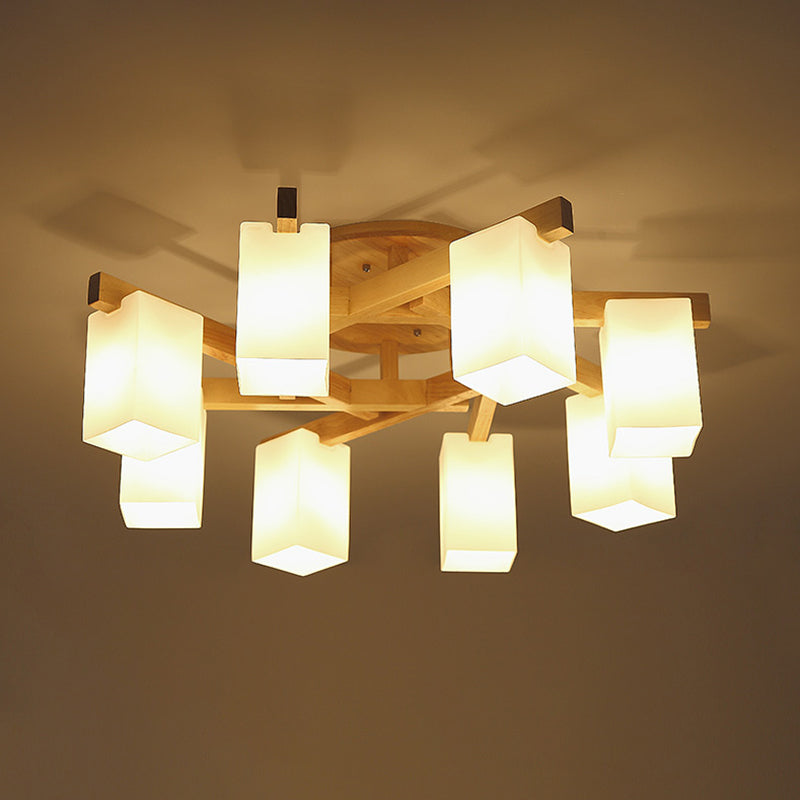 Rectangle White Glass Semi Flush Chandelier Modern Wood Close to Ceiling Light for Living Room 8 Wood Clearhalo 'Ceiling Lights' 'Close To Ceiling Lights' 'Close to ceiling' 'Semi-flushmount' Lighting' 2390338