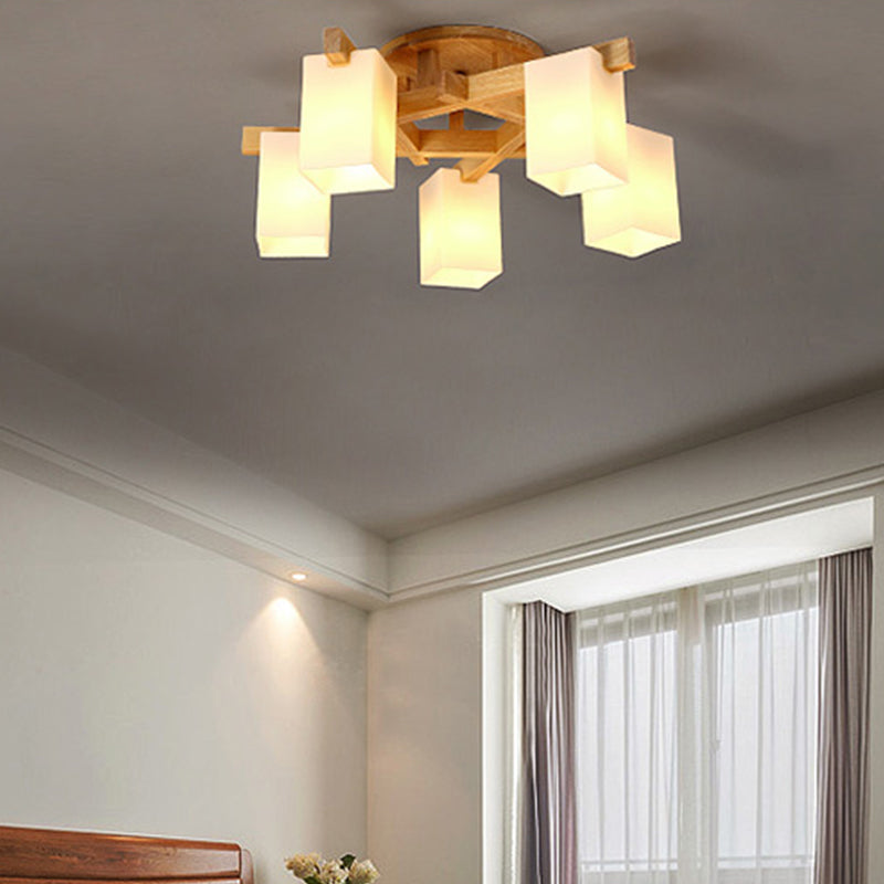 Rectangle White Glass Semi Flush Chandelier Modern Wood Close to Ceiling Light for Living Room Clearhalo 'Ceiling Lights' 'Close To Ceiling Lights' 'Close to ceiling' 'Semi-flushmount' Lighting' 2390340