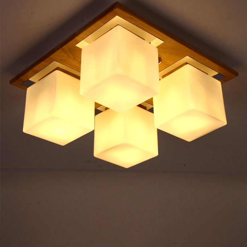 Cube Shape Semi Flush Ceiling Light Nordic Opal Glass 4-Light Bedroom Flush Mount Lamp in Wood Wood Clearhalo 'Ceiling Lights' 'Close To Ceiling Lights' 'Close to ceiling' 'Flush mount' Lighting' 2390342