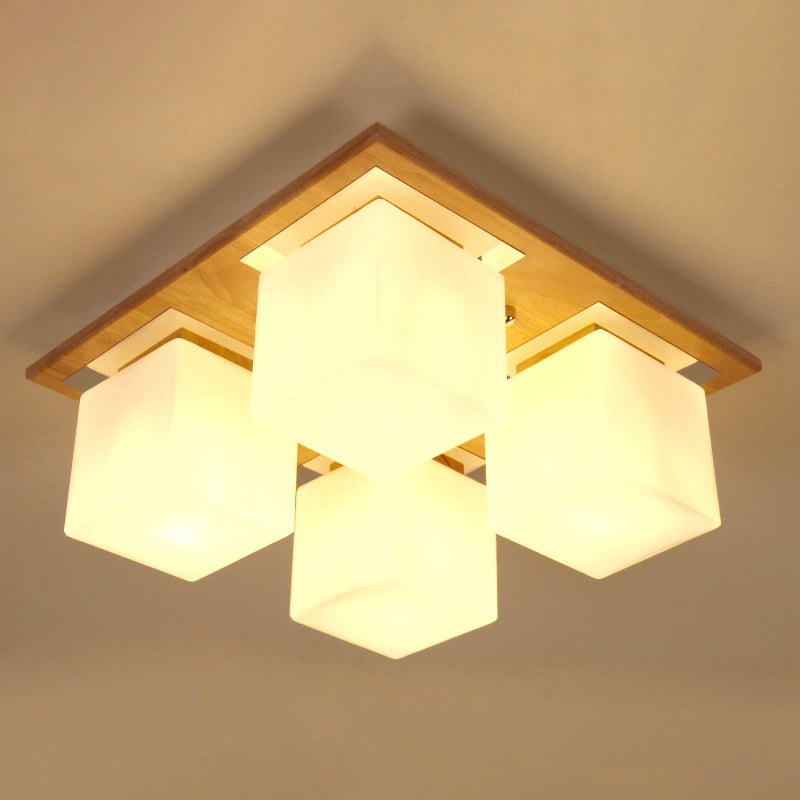 Cube Shape Semi Flush Ceiling Light Nordic Opal Glass 4-Light Bedroom Flush Mount Lamp in Wood Clearhalo 'Ceiling Lights' 'Close To Ceiling Lights' 'Close to ceiling' 'Flush mount' Lighting' 2390343