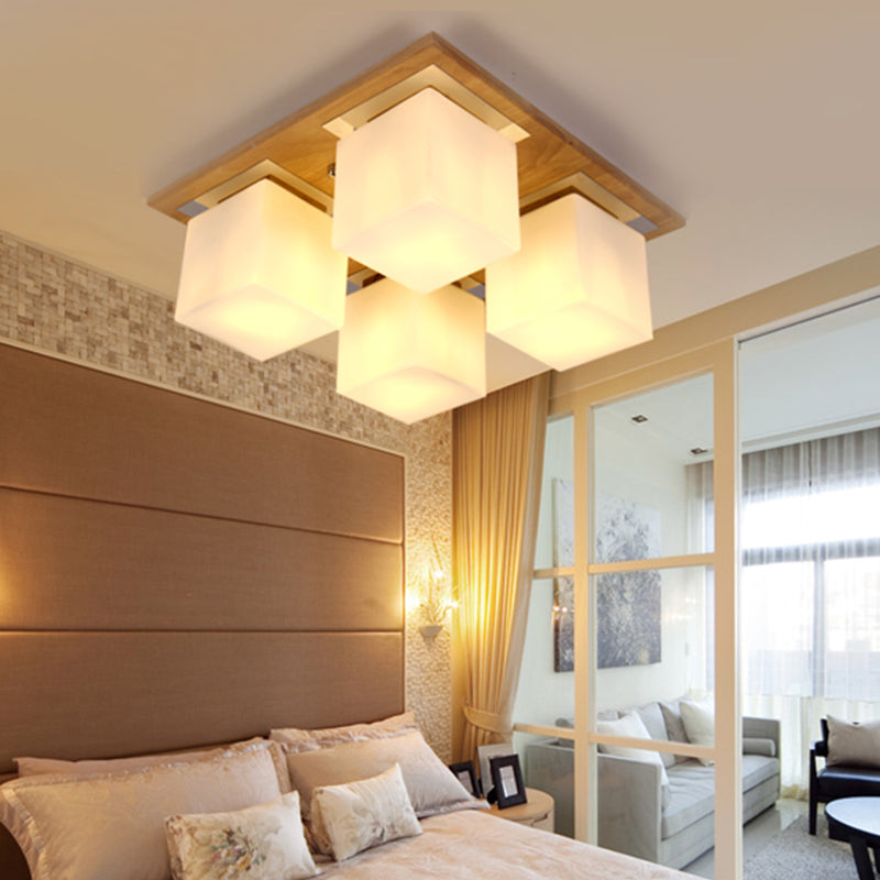 Cube Shape Semi Flush Ceiling Light Nordic Opal Glass 4-Light Bedroom Flush Mount Lamp in Wood Clearhalo 'Ceiling Lights' 'Close To Ceiling Lights' 'Close to ceiling' 'Flush mount' Lighting' 2390345