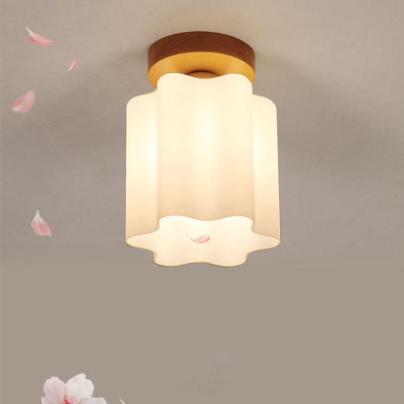 Milky Glass Prism Floral Ceiling Flush Light Minimalism 1 Bulb Wood Flushmount Light for Corridor Wood Clearhalo 'Ceiling Lights' 'Close To Ceiling Lights' 'Close to ceiling' 'Flush mount' Lighting' 2390349