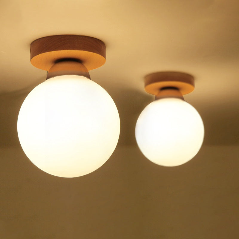 Sphere Corridor Ceiling Lighting Blown White Glass 1 Head Simple Style Flush Light in Wood Clearhalo 'Ceiling Lights' 'Close To Ceiling Lights' 'Close to ceiling' 'Flush mount' Lighting' 2390354