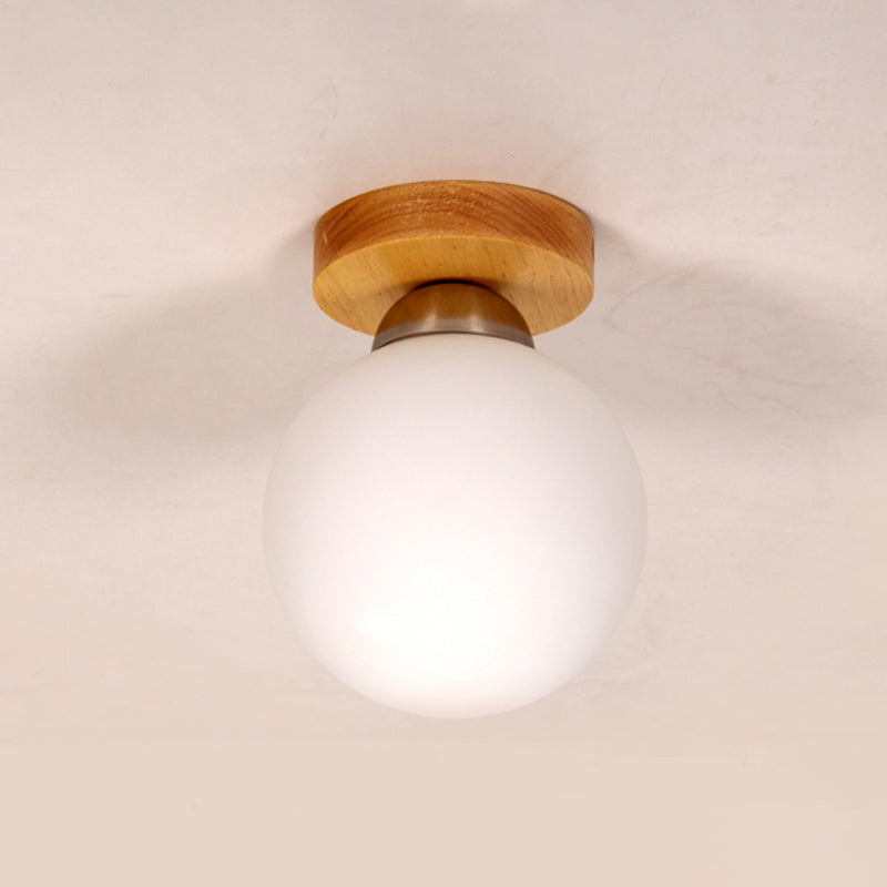 Sphere Corridor Ceiling Lighting Blown White Glass 1 Head Simple Style Flush Light in Wood Clearhalo 'Ceiling Lights' 'Close To Ceiling Lights' 'Close to ceiling' 'Flush mount' Lighting' 2390356