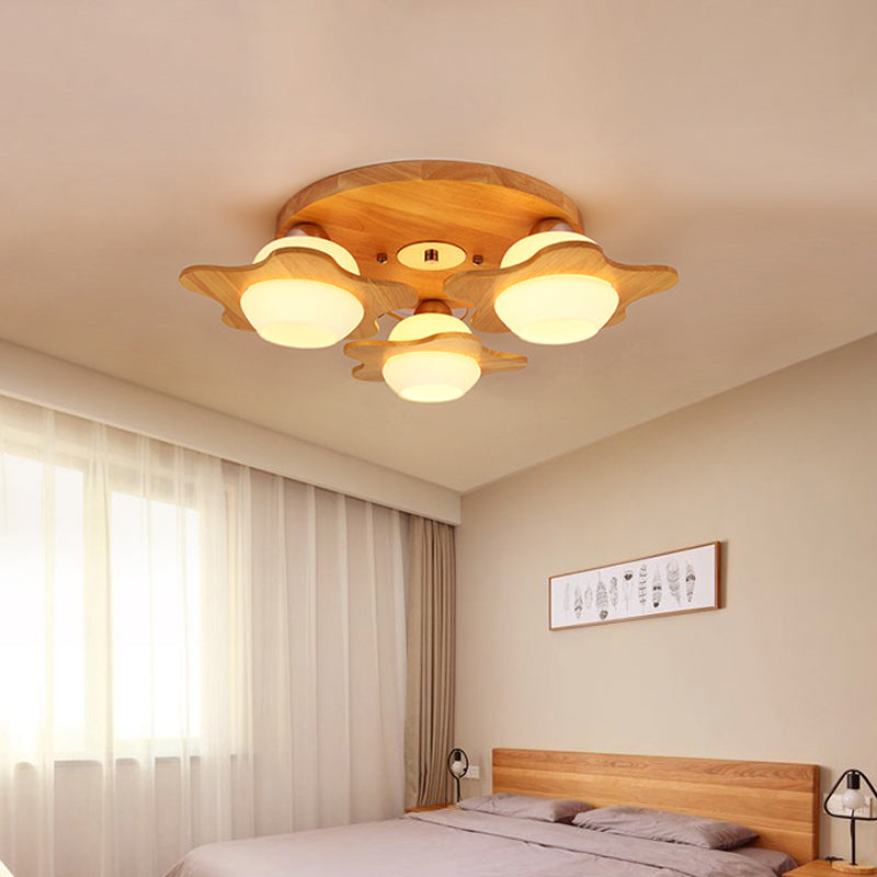 Flower Ceiling Light Fixture Modern Ivory Glass 3-Head Bedroom Flush Mounted Light in Wood Wood Clearhalo 'Ceiling Lights' 'Close To Ceiling Lights' 'Close to ceiling' 'Flush mount' Lighting' 2390376