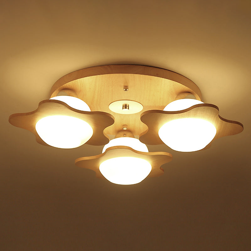 Flower Ceiling Light Fixture Modern Ivory Glass 3-Head Bedroom Flush Mounted Light in Wood Clearhalo 'Ceiling Lights' 'Close To Ceiling Lights' 'Close to ceiling' 'Flush mount' Lighting' 2390378