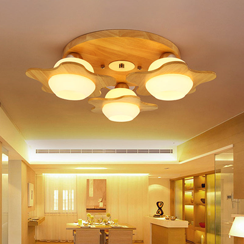 Flower Ceiling Light Fixture Modern Ivory Glass 3-Head Bedroom Flush Mounted Light in Wood Clearhalo 'Ceiling Lights' 'Close To Ceiling Lights' 'Close to ceiling' 'Flush mount' Lighting' 2390379