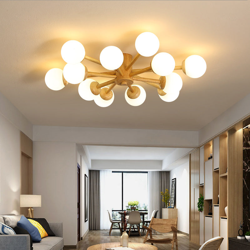 Sputnik Flush Mount Ceiling Fixture Modern Cream Glass Wood Semi Flush Light for Living Room 12 Wood Clearhalo 'Ceiling Lights' 'Close To Ceiling Lights' 'Close to ceiling' 'Semi-flushmount' Lighting' 2390381