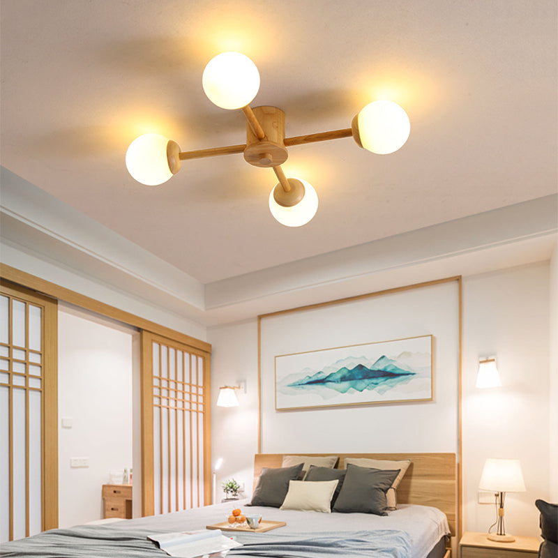 Sputnik Flush Mount Ceiling Fixture Modern Cream Glass Wood Semi Flush Light for Living Room 4 Wood Clearhalo 'Ceiling Lights' 'Close To Ceiling Lights' 'Close to ceiling' 'Semi-flushmount' Lighting' 2390382